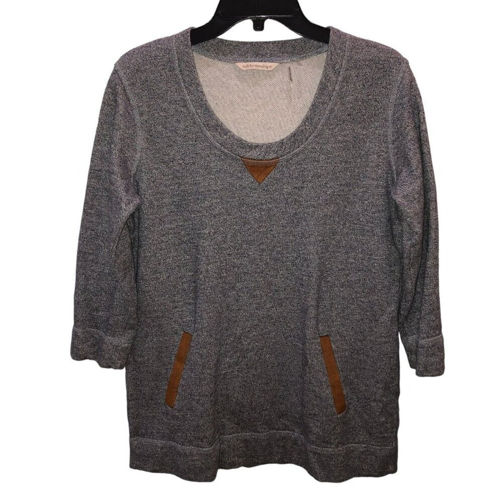 Soft Surroundings XS Gray Microsuede Trim Relaxed 3/4 Sleeve Shirt Top Oversized
